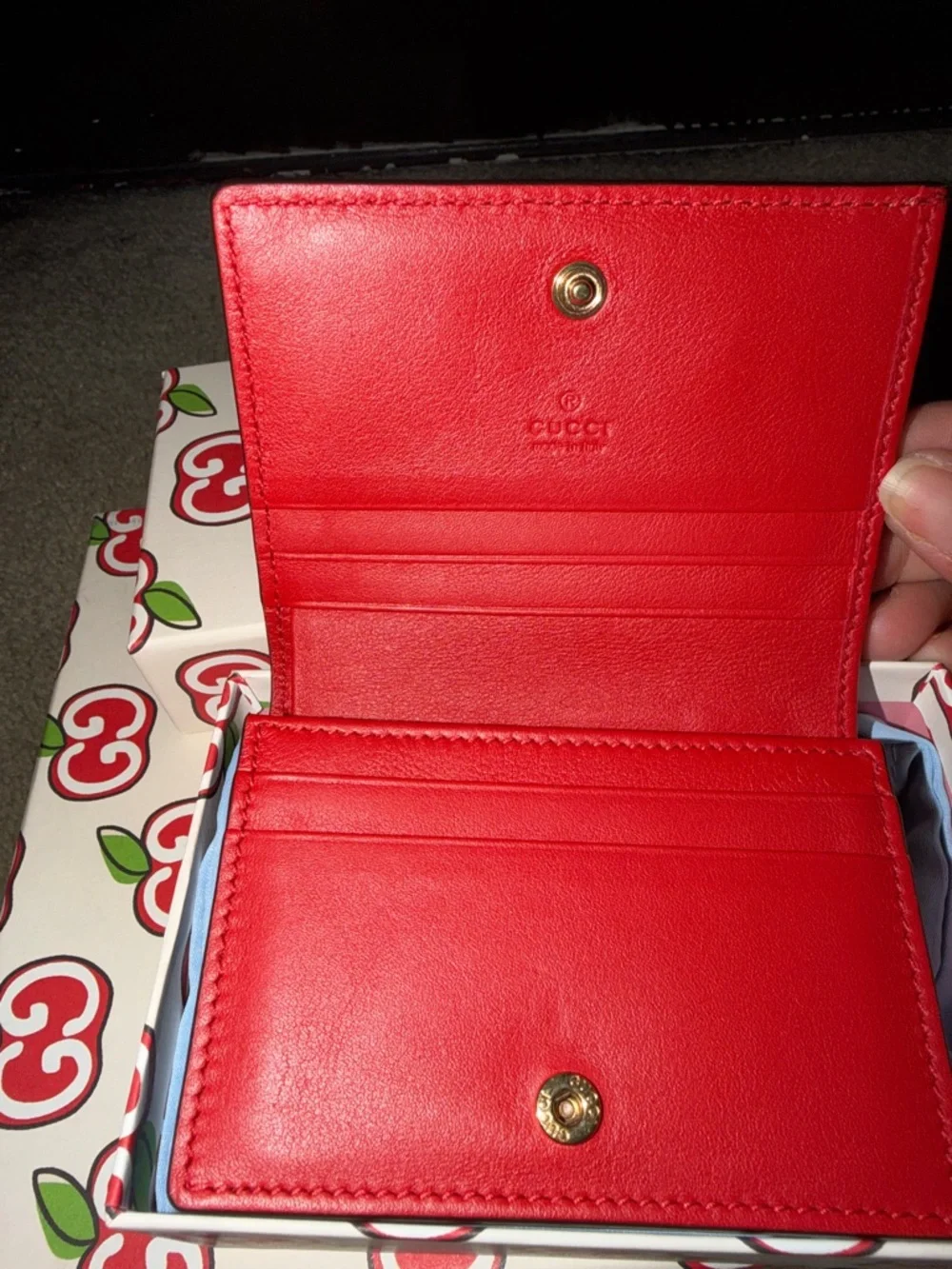 Gucci GG Supreme Apple-Print Wallet - Brown with Red & Green Accents - Picture 2 of 3